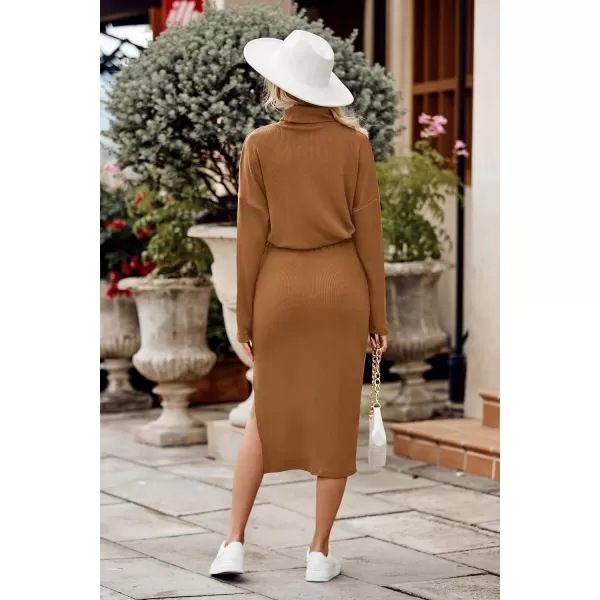 imagePRETTYGARDEN Womens 2024 Winter 2 Piece Tracksuit Long Sleeve Turtleneck Ribbed Top And Midi Skirt Dress SetsBrown