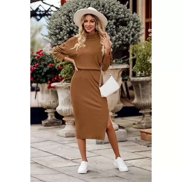 imagePRETTYGARDEN Womens 2024 Winter 2 Piece Tracksuit Long Sleeve Turtleneck Ribbed Top And Midi Skirt Dress SetsBrown