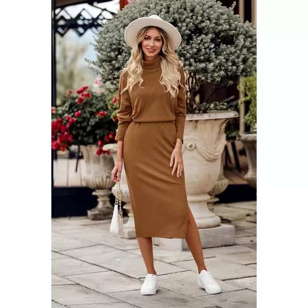 imagePRETTYGARDEN Womens 2024 Winter 2 Piece Tracksuit Long Sleeve Turtleneck Ribbed Top And Midi Skirt Dress SetsBrown