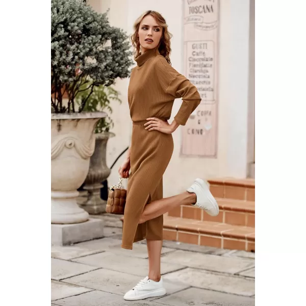 imagePRETTYGARDEN Womens 2024 Winter 2 Piece Tracksuit Long Sleeve Turtleneck Ribbed Top And Midi Skirt Dress SetsBrown