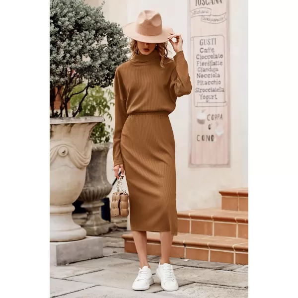 imagePRETTYGARDEN Womens 2024 Winter 2 Piece Tracksuit Long Sleeve Turtleneck Ribbed Top And Midi Skirt Dress SetsBrown