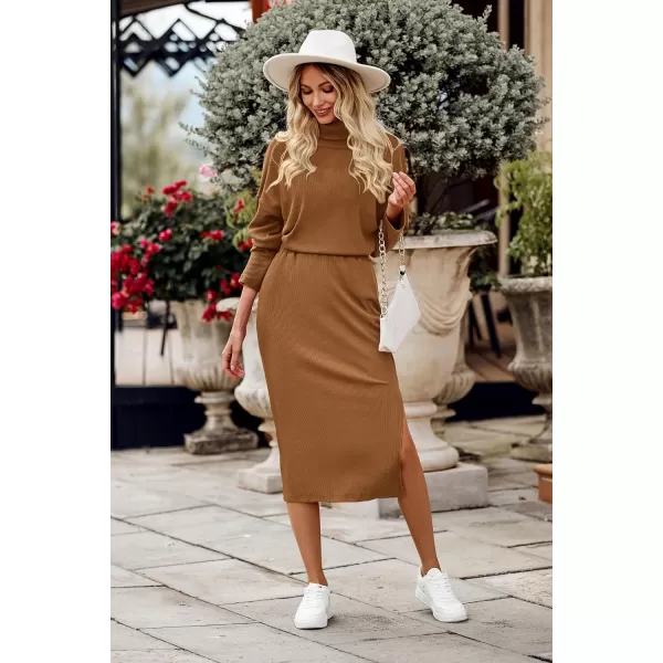 imagePRETTYGARDEN Womens 2024 Winter 2 Piece Tracksuit Long Sleeve Turtleneck Ribbed Top And Midi Skirt Dress SetsBrown