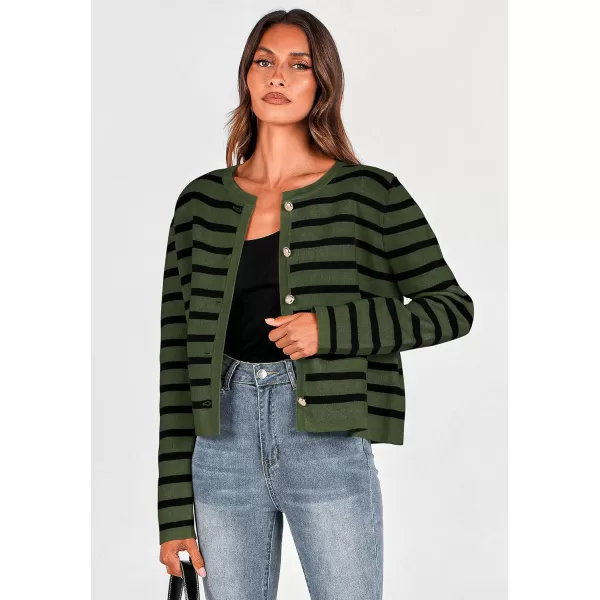 imagePRETTYGARDEN Womens 2024 Winter Cardigan Sweaters Button Down Open Front Long Sleeve Knit Cardigans Shirt Trendy OuterwearStriped Army Green
