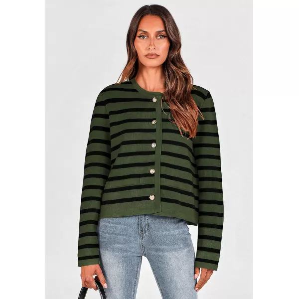 imagePRETTYGARDEN Womens 2024 Winter Cardigan Sweaters Button Down Open Front Long Sleeve Knit Cardigans Shirt Trendy OuterwearStriped Army Green