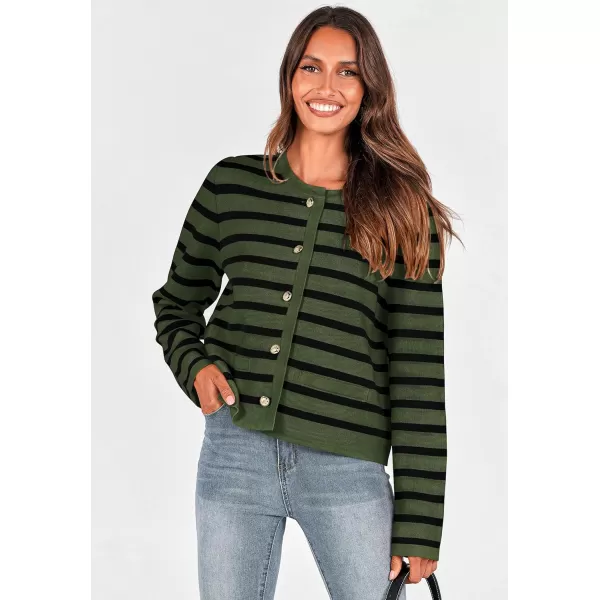 imagePRETTYGARDEN Womens 2024 Winter Cardigan Sweaters Button Down Open Front Long Sleeve Knit Cardigans Shirt Trendy OuterwearStriped Army Green
