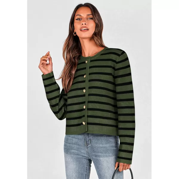 imagePRETTYGARDEN Womens 2024 Winter Cardigan Sweaters Button Down Open Front Long Sleeve Knit Cardigans Shirt Trendy OuterwearStriped Army Green