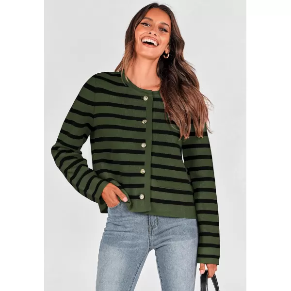 imagePRETTYGARDEN Womens 2024 Winter Cardigan Sweaters Button Down Open Front Long Sleeve Knit Cardigans Shirt Trendy OuterwearStriped Army Green