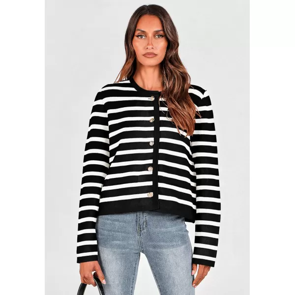 imagePRETTYGARDEN Womens 2024 Winter Cardigan Sweaters Button Down Open Front Long Sleeve Knit Cardigans Shirt Trendy OuterwearStriped Black
