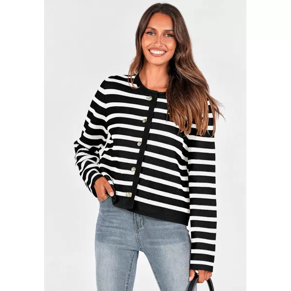 imagePRETTYGARDEN Womens 2024 Winter Cardigan Sweaters Button Down Open Front Long Sleeve Knit Cardigans Shirt Trendy OuterwearStriped Black