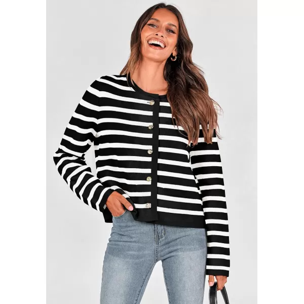 imagePRETTYGARDEN Womens 2024 Winter Cardigan Sweaters Button Down Open Front Long Sleeve Knit Cardigans Shirt Trendy OuterwearStriped Black