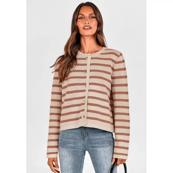 imagePRETTYGARDEN Womens 2024 Winter Cardigan Sweaters Button Down Open Front Long Sleeve Knit Cardigans Shirt Trendy OuterwearStriped Caramel