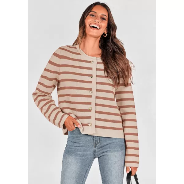 imagePRETTYGARDEN Womens 2024 Winter Cardigan Sweaters Button Down Open Front Long Sleeve Knit Cardigans Shirt Trendy OuterwearStriped Caramel