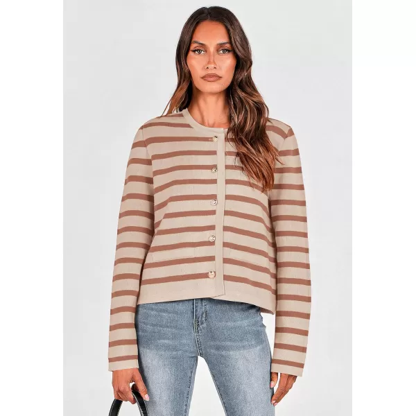 imagePRETTYGARDEN Womens 2024 Winter Cardigan Sweaters Button Down Open Front Long Sleeve Knit Cardigans Shirt Trendy OuterwearStriped Caramel