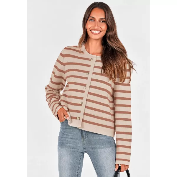 imagePRETTYGARDEN Womens 2024 Winter Cardigan Sweaters Button Down Open Front Long Sleeve Knit Cardigans Shirt Trendy OuterwearStriped Caramel