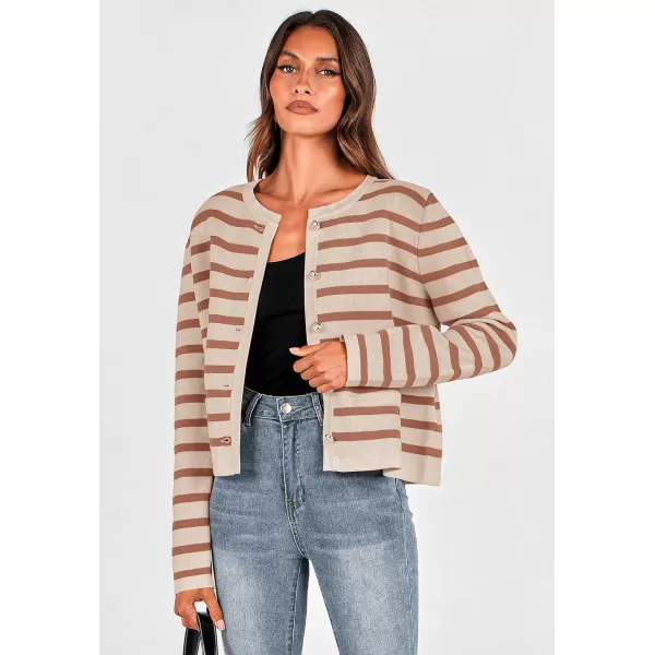 imagePRETTYGARDEN Womens 2024 Winter Cardigan Sweaters Button Down Open Front Long Sleeve Knit Cardigans Shirt Trendy OuterwearStriped Caramel