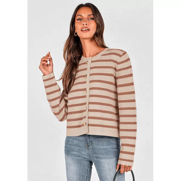 imagePRETTYGARDEN Womens 2024 Winter Cardigan Sweaters Button Down Open Front Long Sleeve Knit Cardigans Shirt Trendy OuterwearStriped Caramel