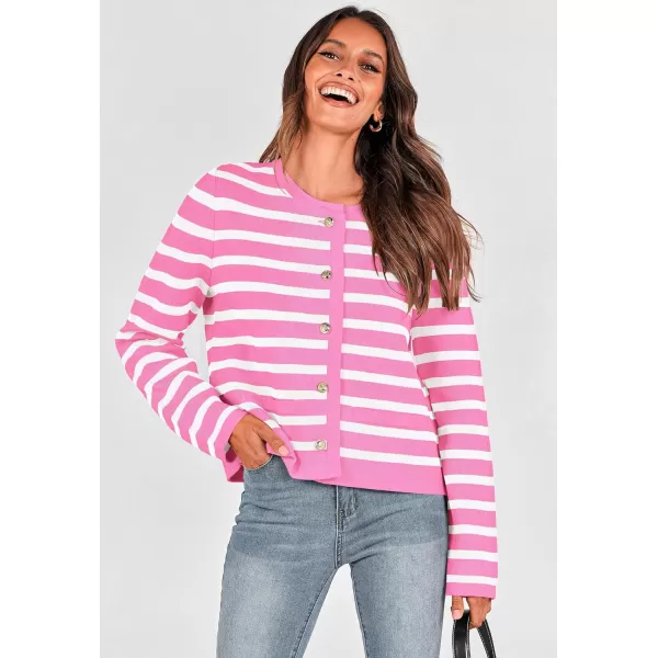 imagePRETTYGARDEN Womens 2024 Winter Cardigan Sweaters Button Down Open Front Long Sleeve Knit Cardigans Shirt Trendy OuterwearStriped Pink