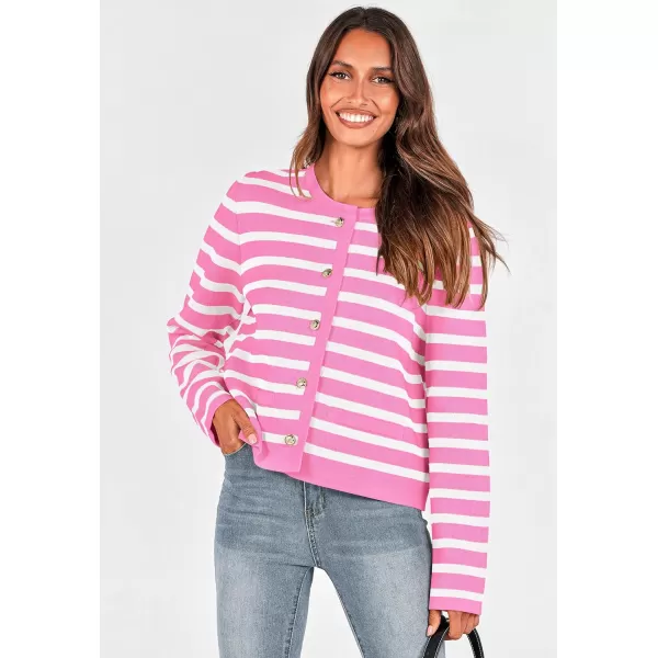 imagePRETTYGARDEN Womens 2024 Winter Cardigan Sweaters Button Down Open Front Long Sleeve Knit Cardigans Shirt Trendy OuterwearStriped Pink