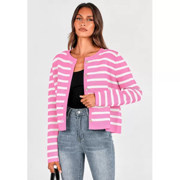imagePRETTYGARDEN Womens 2024 Winter Cardigan Sweaters Button Down Open Front Long Sleeve Knit Cardigans Shirt Trendy OuterwearStriped Pink