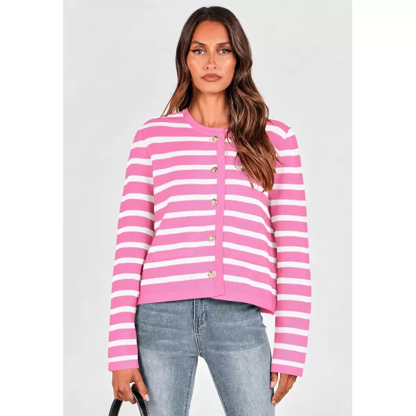 imagePRETTYGARDEN Womens 2024 Winter Cardigan Sweaters Button Down Open Front Long Sleeve Knit Cardigans Shirt Trendy OuterwearStriped Pink