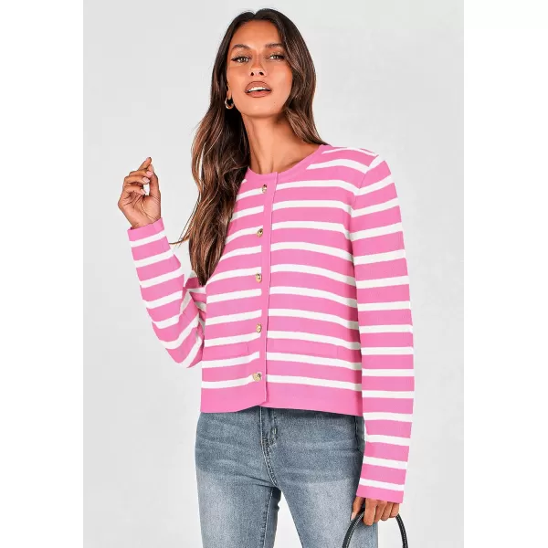 imagePRETTYGARDEN Womens 2024 Winter Cardigan Sweaters Button Down Open Front Long Sleeve Knit Cardigans Shirt Trendy OuterwearStriped Pink