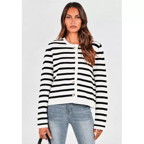 imagePRETTYGARDEN Womens 2024 Winter Cardigan Sweaters Button Down Open Front Long Sleeve Knit Cardigans Shirt Trendy OuterwearStriped White