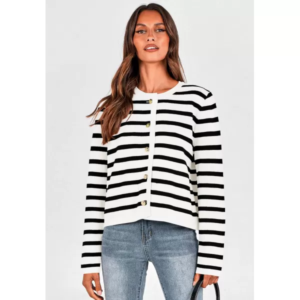 imagePRETTYGARDEN Womens 2024 Winter Cardigan Sweaters Button Down Open Front Long Sleeve Knit Cardigans Shirt Trendy OuterwearStriped White