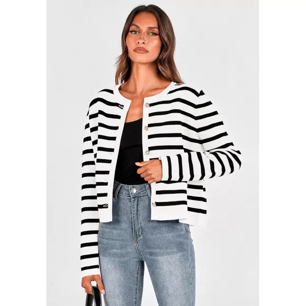 imagePRETTYGARDEN Womens 2024 Winter Cardigan Sweaters Button Down Open Front Long Sleeve Knit Cardigans Shirt Trendy OuterwearStriped White