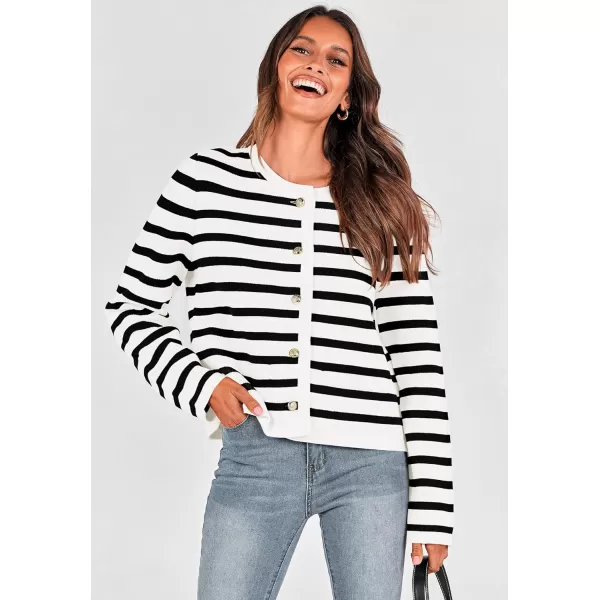 imagePRETTYGARDEN Womens 2024 Winter Cardigan Sweaters Button Down Open Front Long Sleeve Knit Cardigans Shirt Trendy OuterwearStriped White