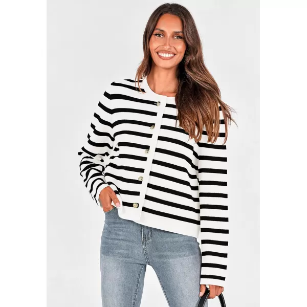 imagePRETTYGARDEN Womens 2024 Winter Cardigan Sweaters Button Down Open Front Long Sleeve Knit Cardigans Shirt Trendy OuterwearStriped White