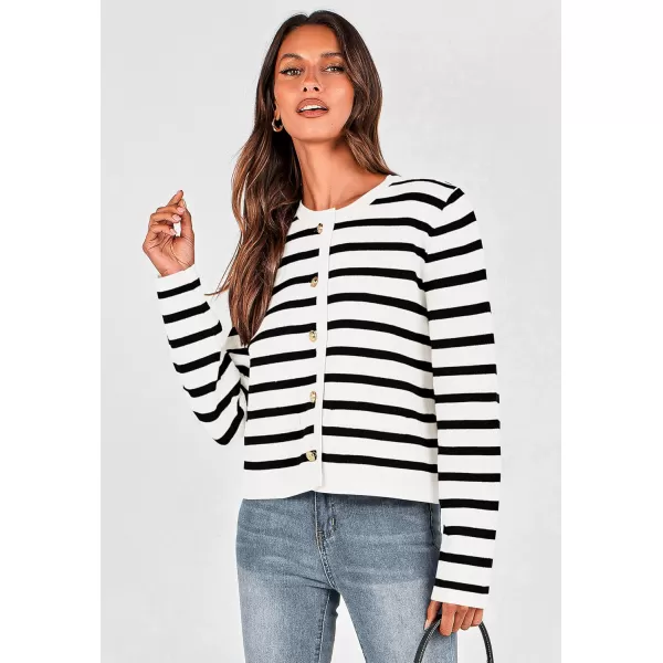 imagePRETTYGARDEN Womens 2024 Winter Cardigan Sweaters Button Down Open Front Long Sleeve Knit Cardigans Shirt Trendy OuterwearStriped White
