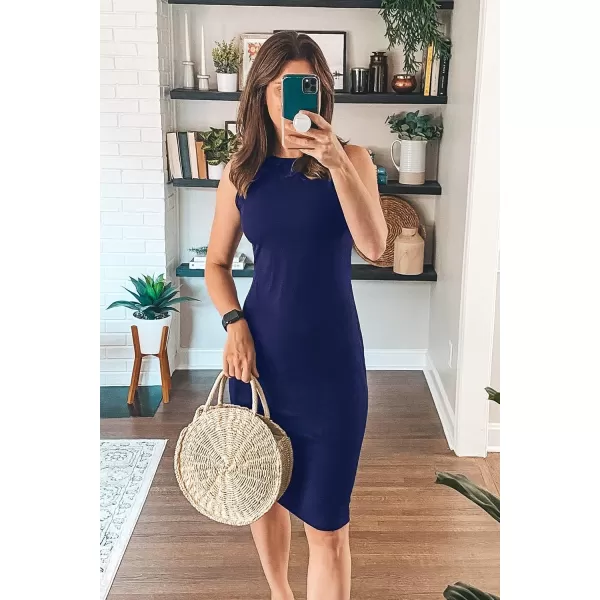 imagePRETTYGARDEN Womens Basic Bodycon Midi Dress Crewneck Sleeveless Casual Summer Tank Top DressesDark Blue