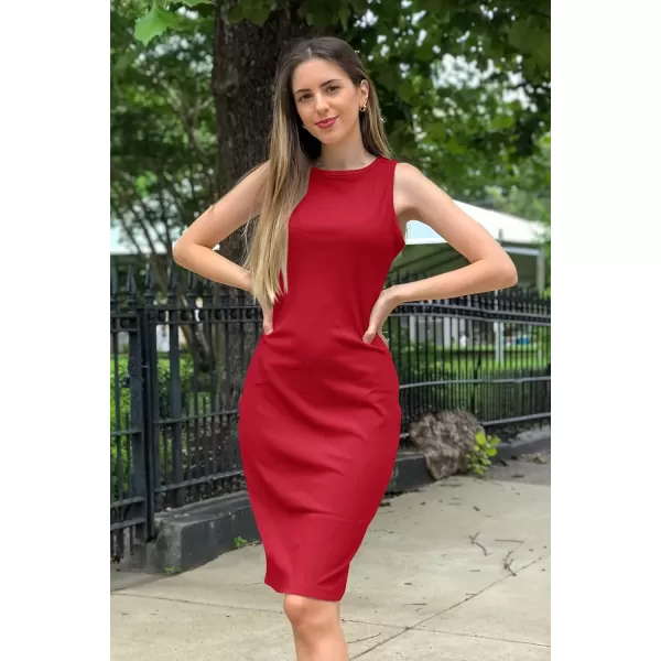 imagePRETTYGARDEN Womens Basic Bodycon Midi Dress Crewneck Sleeveless Casual Summer Tank Top DressesRed