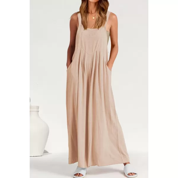 imagePRETTYGARDEN Womens Bib Overalls Casual Summer Sleeveless Strap Loose Wide Leg Jumpsuits with PocketsBeige Apricot