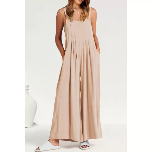 imagePRETTYGARDEN Womens Bib Overalls Casual Summer Sleeveless Strap Loose Wide Leg Jumpsuits with PocketsBeige Apricot