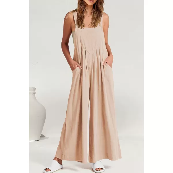 imagePRETTYGARDEN Womens Bib Overalls Casual Summer Sleeveless Strap Loose Wide Leg Jumpsuits with PocketsBeige Apricot