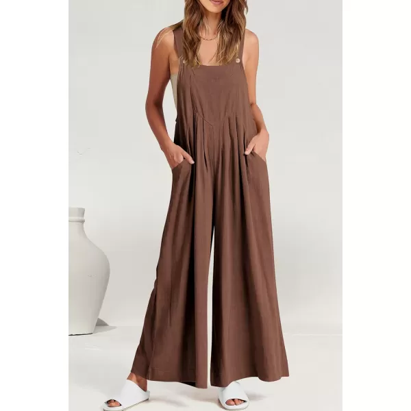 imagePRETTYGARDEN Womens Bib Overalls Casual Summer Sleeveless Strap Loose Wide Leg Jumpsuits with PocketsBrown
