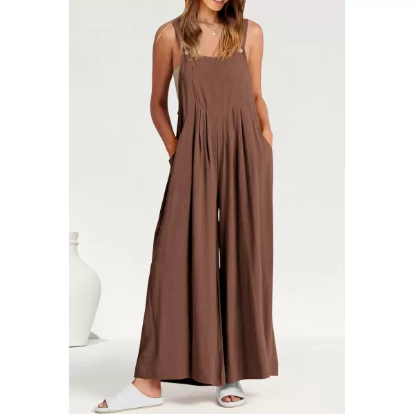 imagePRETTYGARDEN Womens Bib Overalls Casual Summer Sleeveless Strap Loose Wide Leg Jumpsuits with PocketsBrown
