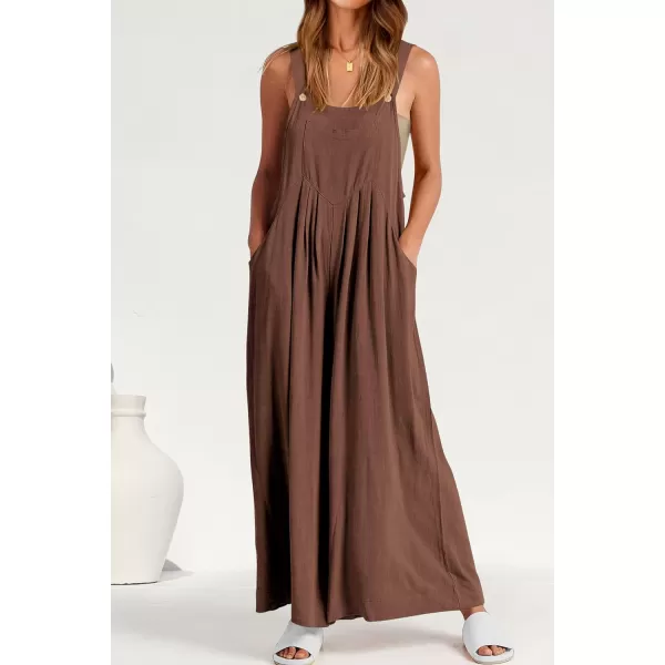 imagePRETTYGARDEN Womens Bib Overalls Casual Summer Sleeveless Strap Loose Wide Leg Jumpsuits with PocketsBrown