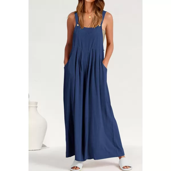 imagePRETTYGARDEN Womens Bib Overalls Casual Summer Sleeveless Strap Loose Wide Leg Jumpsuits with PocketsDenim Blue