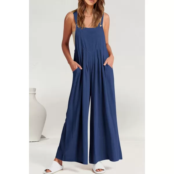 imagePRETTYGARDEN Womens Bib Overalls Casual Summer Sleeveless Strap Loose Wide Leg Jumpsuits with PocketsDenim Blue