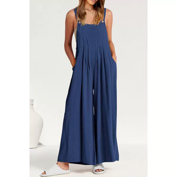 imagePRETTYGARDEN Womens Bib Overalls Casual Summer Sleeveless Strap Loose Wide Leg Jumpsuits with PocketsDenim Blue