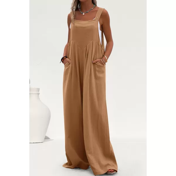 imagePRETTYGARDEN Womens Bib Overalls Casual Summer Sleeveless Strap Loose Wide Leg Jumpsuits with PocketsKhaki
