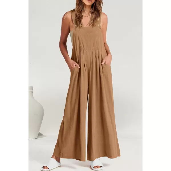 imagePRETTYGARDEN Womens Bib Overalls Casual Summer Sleeveless Strap Loose Wide Leg Jumpsuits with PocketsKhaki