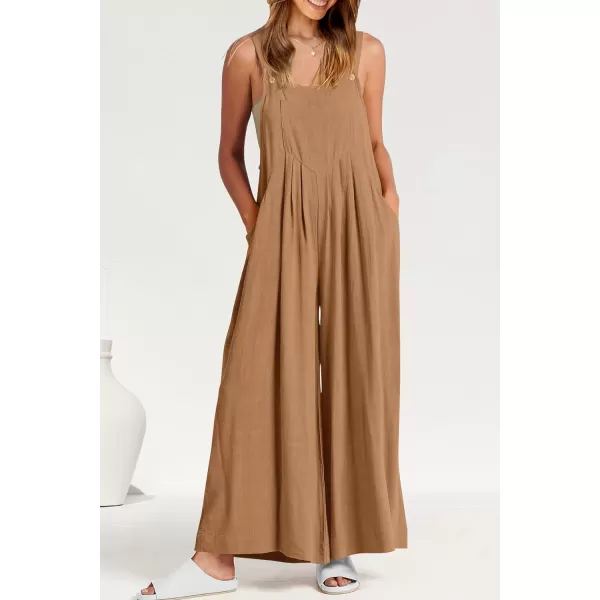 imagePRETTYGARDEN Womens Bib Overalls Casual Summer Sleeveless Strap Loose Wide Leg Jumpsuits with PocketsKhaki