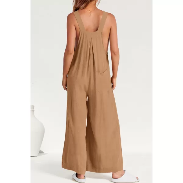 imagePRETTYGARDEN Womens Bib Overalls Casual Summer Sleeveless Strap Loose Wide Leg Jumpsuits with PocketsKhaki