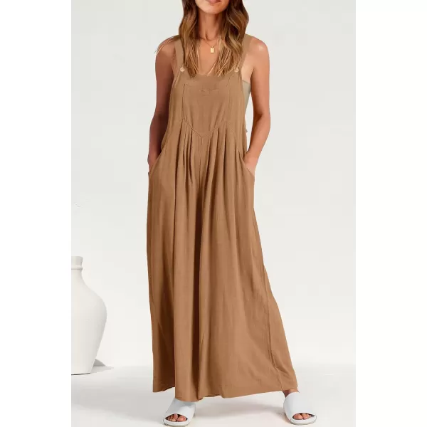 imagePRETTYGARDEN Womens Bib Overalls Casual Summer Sleeveless Strap Loose Wide Leg Jumpsuits with PocketsKhaki