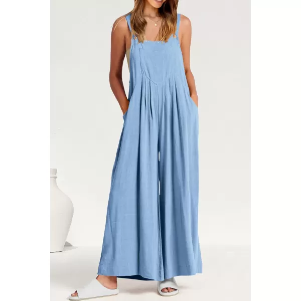 imagePRETTYGARDEN Womens Bib Overalls Casual Summer Sleeveless Strap Loose Wide Leg Jumpsuits with PocketsLight Blue