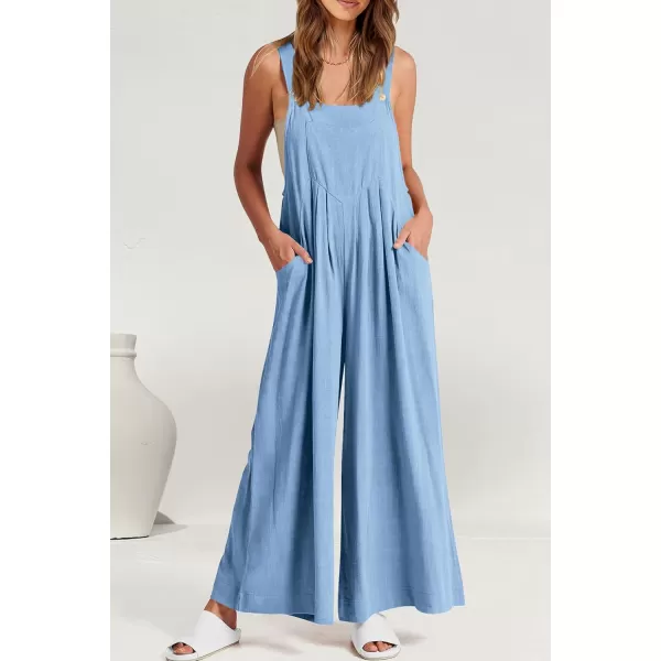 imagePRETTYGARDEN Womens Bib Overalls Casual Summer Sleeveless Strap Loose Wide Leg Jumpsuits with PocketsLight Blue