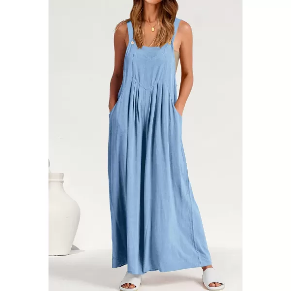 imagePRETTYGARDEN Womens Bib Overalls Casual Summer Sleeveless Strap Loose Wide Leg Jumpsuits with PocketsLight Blue